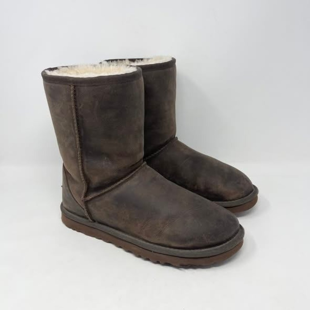 UGG Classic Short Boot Wms 8 Brownstone Leather Sherpa Lined Snow Cozy 1005093